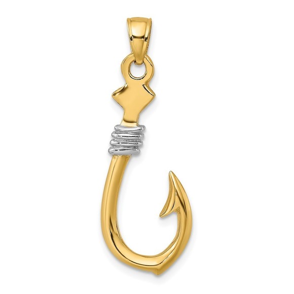 10k Yellow Gold w/Rhodium 3-D Fish Hook With Rope Necklace Charm Pendant